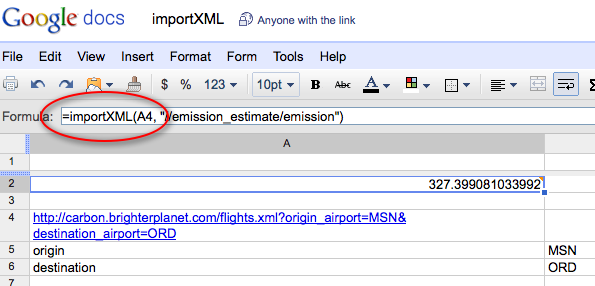 screenshot of Google Docs spreadsheet using importXML